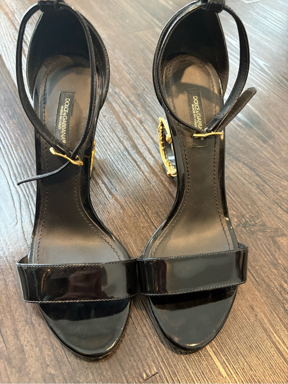 Dolce & Gabbana Black Patent Leather Ankle-Strap Heels with Gold Buckle